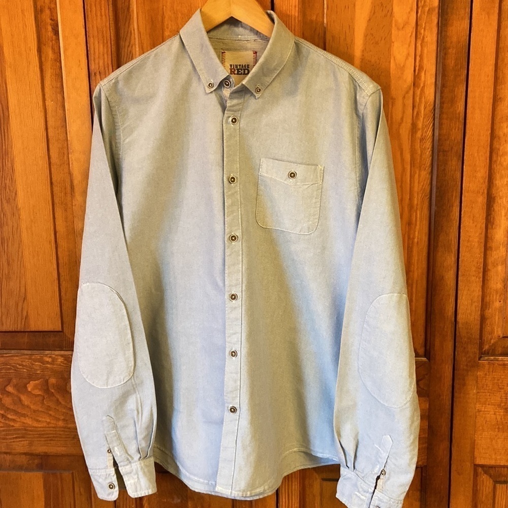Vintage Red Button-down Collared Dress Shirt Cotton Patch Elbows Casual Career
